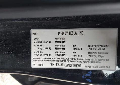 2019 Tesla Model 3 Long Range/Mid Range/Standard Range/Standard Range Plus из США, поврежденный, VIN 5YJ3E1EA4KF189990